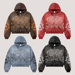 Sweat à capuche zippé personnalisé pour homme, coupe ample, effet vieilli, avec motif en strass, en molleton épais, style streetwear vintage, surdimensionné, OEM - Product Image 1