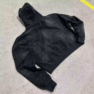 Sweat à capuche streetwear hip-hop personnalisé, imprimé strass surdimensionné, 100% coton respirant, séchage rapide, avec poche, noir, grande taille homme - Product Image 2