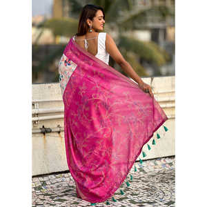 Sari de soirée Elite Weaves en soie Tussar rose, imprimé Kalamkari, avec bordure tissée Zari, sari indien traditionnel - Product Image 2