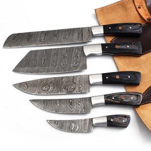 Juego de cuchillos de chef de 5 piezas de acero damasco hechos a mano con mangos de madera gris negro exótico y cuchillos de cocina en rollo de cuero - Product Image 1