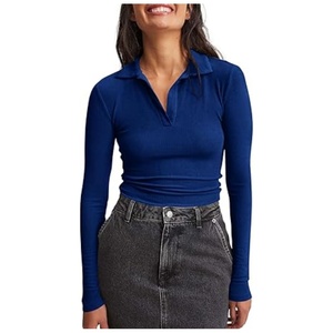 Top de punto acanalado de manga larga con cuello polo para mujer, ajuste ceñido, color liso, estilo casual, azul - Product Image 1