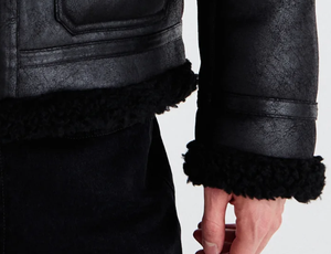 Veste de moto en cuir véritable noir pour homme, col rabattu, fermeture éclair, doublure en fausse fourrure, vêtements d'hiver - Product Image 3