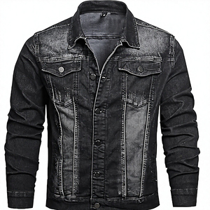 Unisex <b>Black</b> Denim Varsity Jacket Slim Fit Casual Stand <b>Button</b> Closure Washed Cotton Material Winter Eco-friendly Regular Length - Product Image 3