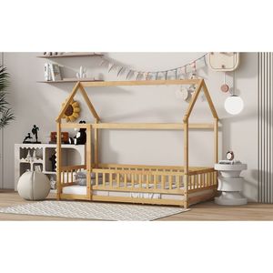 Lit en bois naturel double avec cadre de toit et barrières de sécurité, design maison sur pied - Product Image 6
