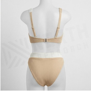 Women's Color Blocking Ribbed Bikini Set <b>Crossed</b> Halter <b>Top</b> High Waist Bottoms Stretch Knitted Swimwear - Product Image 2