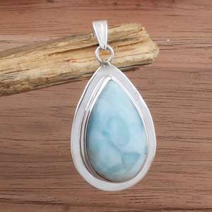 Natural Larimar Pear Pendant Handmade Sterling <b>Silver</b> Gemstone Necklace Boho Jewelry Ocean Blue Stone Gift For Women - Product Image 4