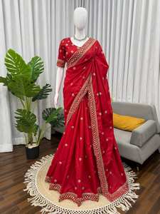 Sari indio de jacquard de diseño Bollywood para mujer, con imitación de trabajo Banarasi, para fiestas, bodas y ocasiones festivas, hecho de georgette elástico. - Product Image 4