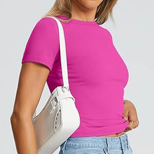 Camisetas de algodón de manga corta con cuello redondo y corte ajustado para mujer, camisetas transpirables de manga corta con cuello barco para mujer - Product Image 5