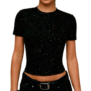 Trendy Women's Shirts <b>Slim</b> Fit Cropped T Shirts Rhinestone Print Cotton Stretch Tee Custom Branding OEM women's shirt USA <b>UK</b> - Product Image 5