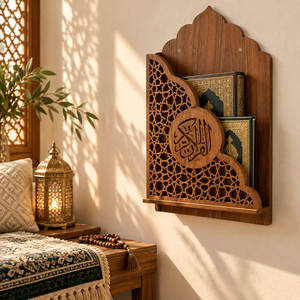 Support mural pour Coran en résine artisanale avec motif en treillis islamique et calligraphie arabe dorée, vente en gros OEM ODM - Product Image 5