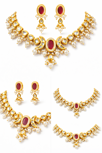 Conjunto de Joyería Nupcial Étnica Estilo Polki, Chapado en Oro, Latón con Circonita, Collar Decorativo, Aretes, para Bodas, Fiestas y Eventos Festivos - Product Image 5