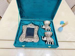 German Silver Hand Engraved <b>Elephant</b> Bowl Pair and Rose Design Photo Frame Combo Premium <b>Gift</b> Set with Velvet Box Packing - Product Image 1