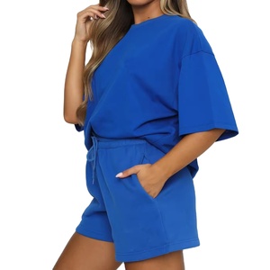 Conjunto de 2 Piezas de Shorts de Punto Azul Claro para Mujer, Cuello Redondo, Manga Corta, Corte Holgado, Casual, Primavera Verano, Color Sólido, con Bolsillo - Product Image 3