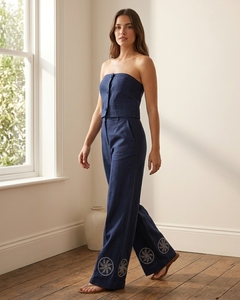 Conjunto de Dos Piezas Azul Marino para Mujer, Top sin Tirantes con Botones y Pantalones Anchos con Dobladillo Bordado - Product Image 4