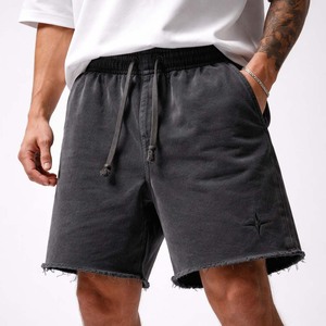 Shorts en coton délavé pour homme, ourlet brut, cordon de serrage, streetwear, décontracté, été, logo personnalisé - Product Image 1