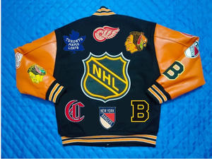 Chaqueta Varsity Personalizada de Lana Negra para Hombre, Chaqueta Bomber con Mangas de Cuero Naranja y Múltiples Parches, Uniforme de Béisbol Letterman al por Mayor - Product Image 3