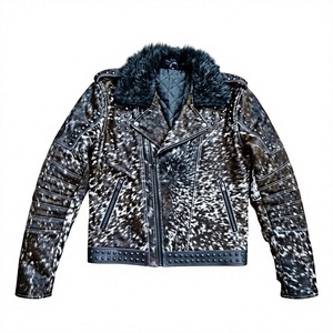 Chaqueta de Motociclista de Cuero Genuino para Hombre con Cuello de Piel, Estampado Animal y Cierre de Cremallera - Product Image 2