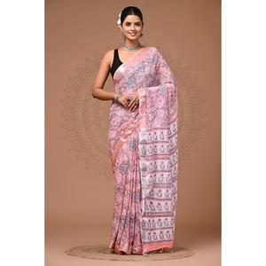 Sari de Lino Estampado con Blusa de Lino para Mujer, Prenda Elegante y Cómoda para el Uso Diario, Estilo Étnico - Product Image 4