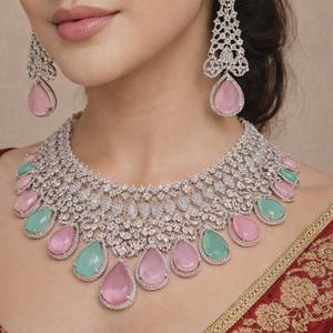 Parure de collier et boucles d'oreilles de mariée en laiton avec diamants américains, bijoux élégants en diamants américains, cadeau de mariage - Product Image 2