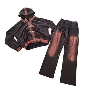 Wholesale Custom Acid Wash <b>Zip</b> Up Hoodie And Sweatpants Streetwear Heavyweight Cotton <b>Jogger</b> Tracksuit Set For Men And Women - Product Image 6
