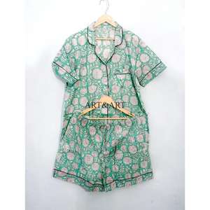 Conjunto de Pijama Corto de Algodón para Mujer, Cómodo y Transpirable, con Botones de Encaje, Estampado Indio a Mano, Pantalones Cortos de Pijama para Verano - Product Image 5