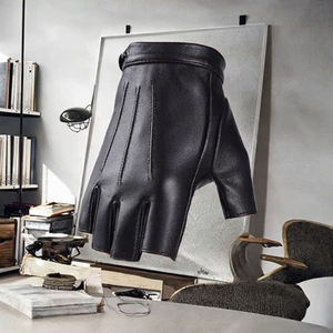 Gants mi-doigts en cuir véritable de haute qualité pour hommes, antidérapants, avec fermeture à bouton-pression, pour le vélo, la moto, respirants, équipement de plein air - Product Image 1