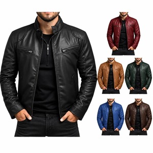 Blouson en cuir slim pour homme, style motard, col montant, fermeture éclair, hiver, vintage, logo personnalisé sur le devant - Product Image 3