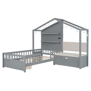 Letto a forma di casa grigio per bambini, con divano imbottito, stazione di ricarica wireless e due cassetti - Product Image 6