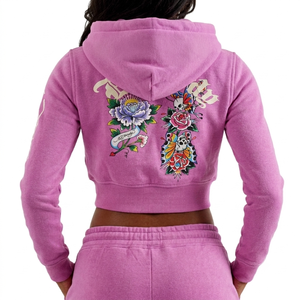 เสื้อฮู้ดครอปสีชมพูสำหรับผู้หญิง Ed Hardy ประดับเลื่อม ซิปหน้า ทรงหลวม ผ้าถักจากฝ้าย/ใยไผ่ สไตล์ฤดูใบไม้ร่วง - Product Image 2