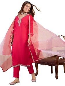 Women’s Floral Embroidery Gadwal Silk Straight Kurta Pant with Organza Dupatta 3-Piece Suit Salwar Kameez Indian - Product Image 3