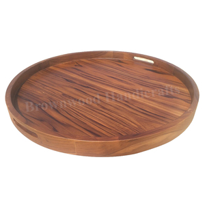 Best Quality Acacia Wood <b>Tray</b> | Home, Hotel, Restaurant Use <b>Round</b> Shape Wooden <b>Serving</b> <b>Tray</b> with Handles at Factory Price - Product Image 1