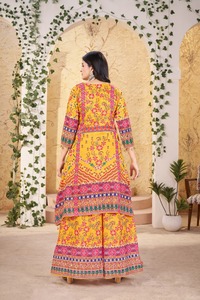 Ensemble Plazo et Dupatta en Soie Tissée 100% Luxe 2026, Coupe Ample au Genou, Lavable, Manches Courtes, Col Rond, Brodé, Été - Product Image 2