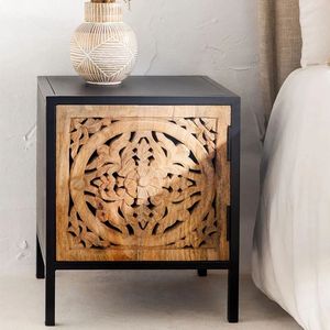 <b>Large</b> Capacity Traditional Carved Wood Bedside Cabinet & Nightstand with Floral Relief Storage for Hotel and Farmhouse Bedrooms - Product Image 1
