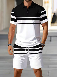 2k26 Outfit <b>Black</b> White Solid Crew <b>Neck</b> <b>Polo</b> Shirt Breathable Drawstring Shorts for Summer Casual Sports Wear Eco-Friendly Hip - Product Image 1