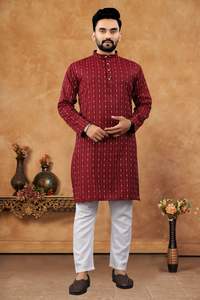 Vêtements traditionnels indiens pour hommes, Kurta long en coton jacquard Merath avec pyjama entièrement cousu pour mariage et Diwali, sans plis - Product Image 4