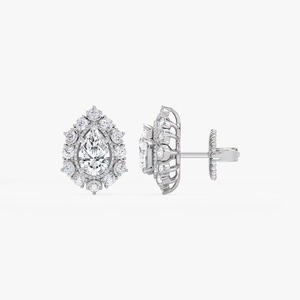 Clous d'oreilles tendance pour femme en or blanc 14K avec diamants de laboratoire poire et ronds 3CTW et halo, certifiés IGI, pour l'exportation en gros - Product Image 3