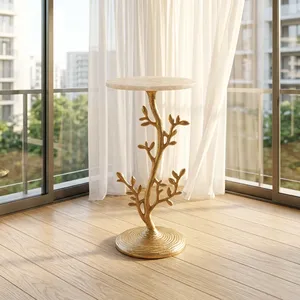 Modern <b>Round</b> Marble Top Side <b>Table</b> with <b>Gold</b> Branch Metal Base Decorative Accent Furniture for Living Room Bedroom - Product Image 6
