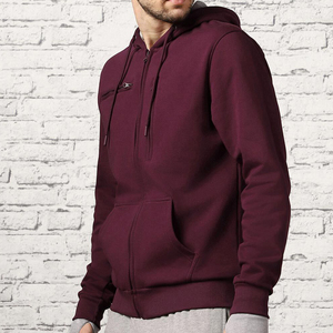 Sweat-shirt à capuche bordeaux personnalisé pour homme avec fermeture éclair, poches poitrine zippées et poignets contrastants – Style décontracté streetwear - Product Image 2