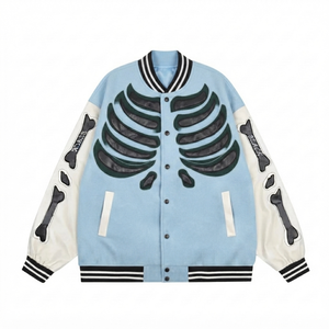 Trendiness wool body <b>white</b> leather sleeves skeleton bone patch varsity <b>jacket</b> wholesale <b>men</b> streetwear hip hop letterman outer - Product Image 1