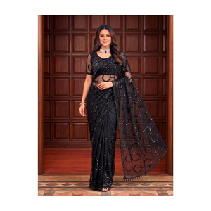 Tela de Saree India de Diseño con Bordado de Lentejuelas, Perlas y Cuentas Decorativas - Product Image 1