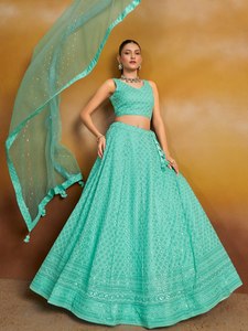 Mint <b>Green</b> Embroidered Lehenga Set Sleeveless Blouse <b>Net</b> Dupatta Banarasi Style Formal Wear - Product Image 3