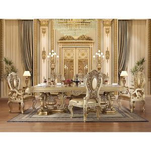 Royal Luxury Solid Teak Wood Dining Room Set Gold Carved 6 Chairs Palace <b>Table</b> Storage Sideboard <b>Buffet</b> Mansion Furniture - Product Image 1