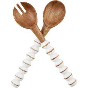 Ensemble de 2 cuillères et fourchettes à salade en bois de manguier de qualité supérieure, fabriquées à la main, avec manches perlés blancs, pour table à manger - Product Image 1