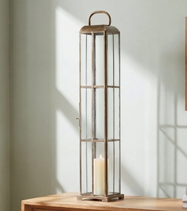 <b>Tall</b> Antique Brass Metal Glass Candle <b>Lantern</b> - Vintage Pillar Candle Holder with Handle & Door for Home Wedding Decor - Product Image 1