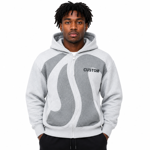 Custom <b>Men</b> Hoodies Colorblock Full Zip Fleece Panel Hoodie Contrast Grey White <b>Pullover</b> Streetwear OEM Private Label Manufacture - Product Image 1