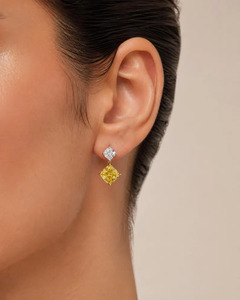 Hot Selling Luxury Fancy Color <b>Diamond</b> Drop Earrings Cushion Cut Lab Grown 14K Two Tone Gold OM GEMS - Product Image 5