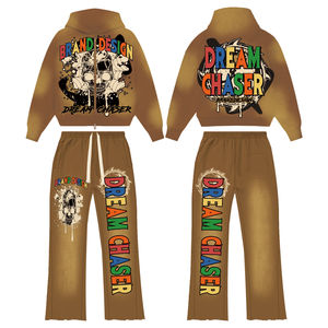 Conjunto Deportivo Personalizado con Logotipo, 100% Algodón, para Hombre, Otoño, 2 Piezas, Estilo Vintage, Lavado Ácido, Sudadera con Cremallera Completa y Pantalones de Chándal con Corte Acampanado - Product Image 2