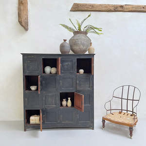 Antique Wooden Lockers Barney <b>Cabinet</b> Black Multi Compartment Pigeonhole Sideboard Vintage Industrial Distressed Painted - Product Image 3
