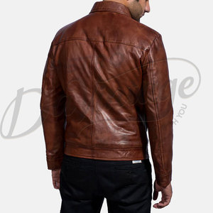 Veste en cuir marron cognac pour homme, en véritable peau de mouton, style col chemise vintage, coupe ajustée, automne-hiver, veste moto décontractée - Product Image 3
