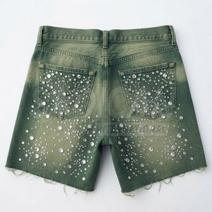 Shorts d'été décontractés pour hommes en toile épaisse 100 % coton, délavés, avec strass, effet soleil, couleur unie, séchage rapide, style streetwear, qualité supérieure - Product Image 2